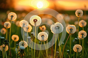 field of grass, Dandelion flower on the background of the sunset.ai generative