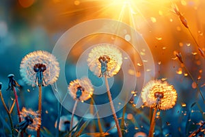 field of grass, Dandelion flower on the background of the sunset.ai generative