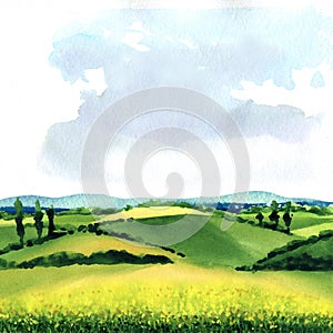 Field with green grass and blue sky, beautiful spring rural landscape with hills, outdoor, summer meadow, grass on a