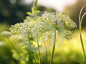 Field of green plants, with some flowers in foreground. There are several small white flowers growing among greenery