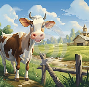 Field green rural cartoon sky cow grass meadow farming animal background