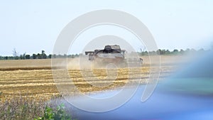 Field harvest combine harvester wheat machine golden harvesting ripe farm, from countryside agricultural for machinery