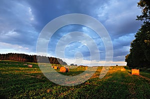 Field with hay bales against a picturesque cloudy sky in the light of low sun