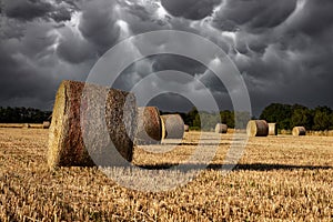 Field with hay bales under stormy sky and rays of light