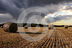 Field with hay bales under stormy sky and rays of light