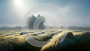 Field with high grass against the background of wood and fog. AI-generated