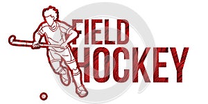 Field Hockey Font Design with Male Player Action Cartoon Graphic