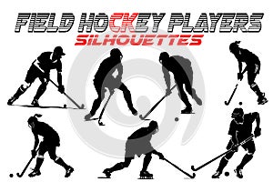 Field Hockey players silhouettes. Hockey players black isolated vector silhouettes set on white background. Modern sports