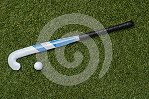 Field hockey stick and ball on the green field. Professional sport concept