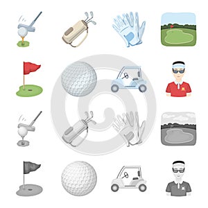 Field with a hole and a flag, a golf ball, a golfer, an electric golf cart.Golf club set collection icons in cartoon