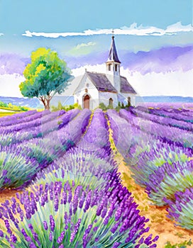 Field of lavender with country church