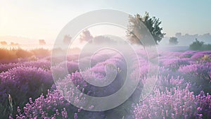 field of lavender violet flowers against the backdrop of a soft purple sunset sunlight