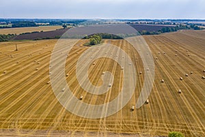 a field lie numerous bales of straw