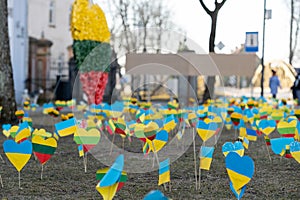 The field in Lithuania with mini flags of Ukraine and Lithuania