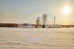 Field, meadow and grass with snow and cold sun on foggy cloudy sky. Beautiful winter landscape. Winter morning, day or