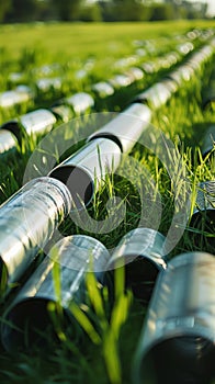 A field of metal pipes in the grass
