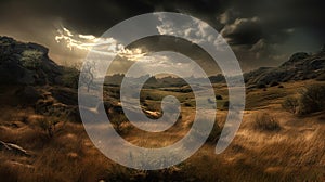 a field with a mountain in the background and a cloudy sky in the distance with sun rays coming through the dark clouds above the