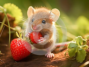 The field mouse dropped on the plant branch and eats the strawberry