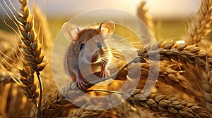 a field mouse in its natural habitat, nibbling on a crop of cereals. The scene portrays the delicate balance of