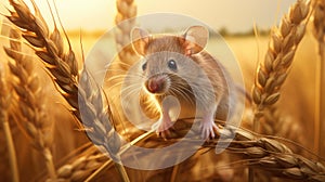 a field mouse in its natural habitat, nibbling on a crop of cereals. The scene portrays the delicate balance of