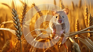 a field mouse in its natural habitat, nibbling on a crop of cereals. The scene portrays the delicate balance of