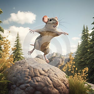 A field mouse jumping from a rock in the forest