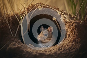 A field mouse sitting in the entrance to its burrow