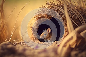 A field mouse sitting in the entrance to its burrow