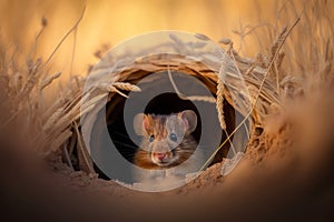 A field mouse sitting in the entrance to its burrow