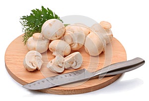 Field mushrooms on a cutting board and knife