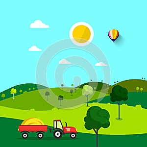 Field. Nature Cartoon with Trees and Tractor.