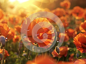 A field of orange poppies with the sun shining