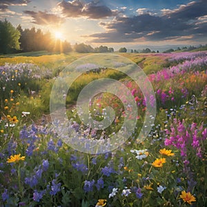 field path through spring and summer flower meadow