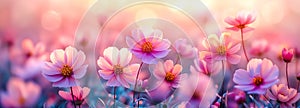 A field of pink flowers with a bright blue sky in the background. Pink Cosmos Flowers at Sunset