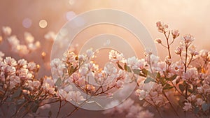 A field of pink flowers of Sakura with a blurred soft pink background