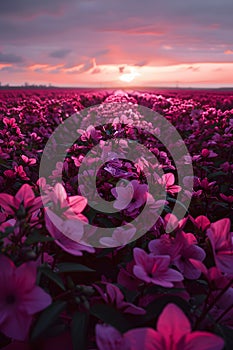 Field of pink flowers under a purple afterglow sky