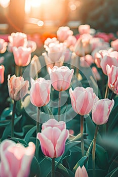 Field of Pink Tulips With Sun