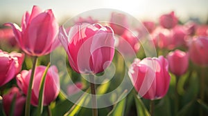 Field of pink tulips under sunlight