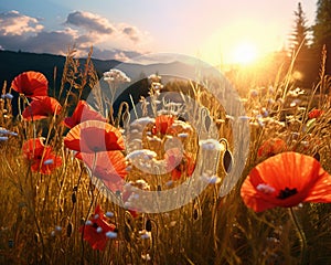 Field with poppies backlit as a panorama field with grasses in warm backlight.