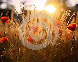 Field with poppies backlit as a panorama field with grasses in warm backlight.