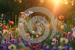 A field of poppies and lavender bathed in the gentle light of dawn. Generative AI