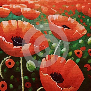 Field poppies. Watercolor painting on canvas for wall decorations, fabric patterns, covers.