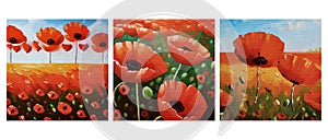 Field poppies. Watercolor painting on canvas for wall decorations, fabric patterns, covers.