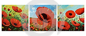 Field poppies. Watercolor painting on canvas for wall decorations, fabric patterns, covers.