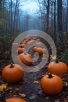 A field of pumpkins in the middle of a forest
