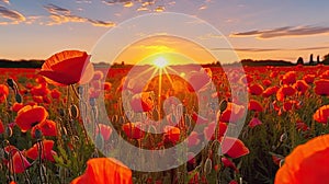 Field of red poppies on Armistice Day, a solemn and reflective scene silhouetted against the morning sky