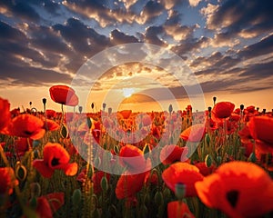 field of red poppies at sunset.