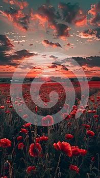 A field of red poppies at sunset