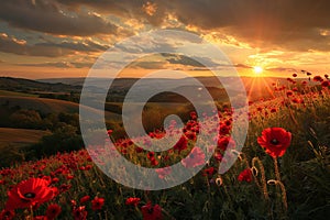 A field of red poppies at sunset