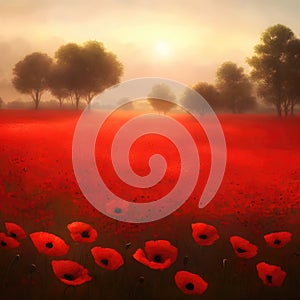 Field of red poppies at sunset, nostalgic illustration. Generative Ai